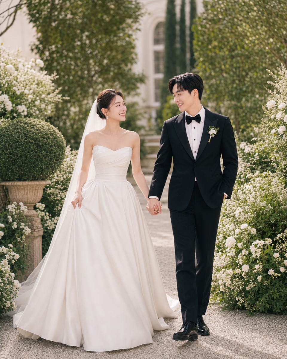 Couple walking a garden path