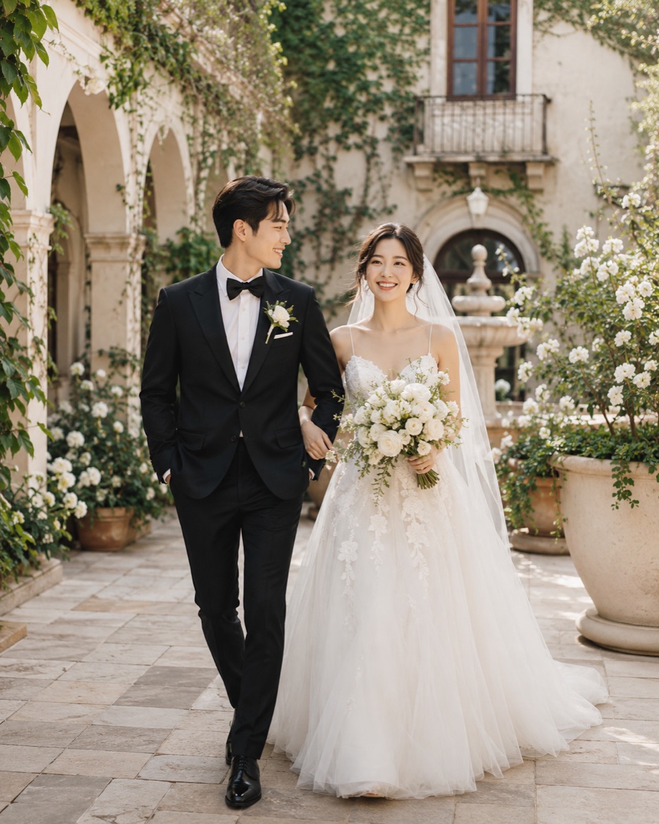 Couple by a garden fountain